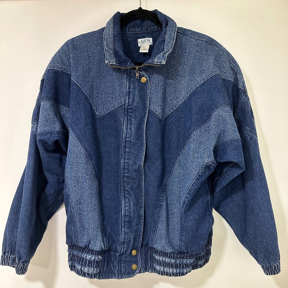 Lavon Vintage Denim Jacket Womens Medium Blue Paisley Patchwork Bomber 80s 90s